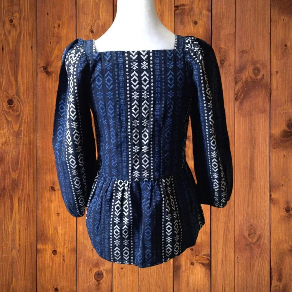 Madewell XXS Lightspun Millbrook Puff-Sleeve Peplum Top Pullover Geometric Print